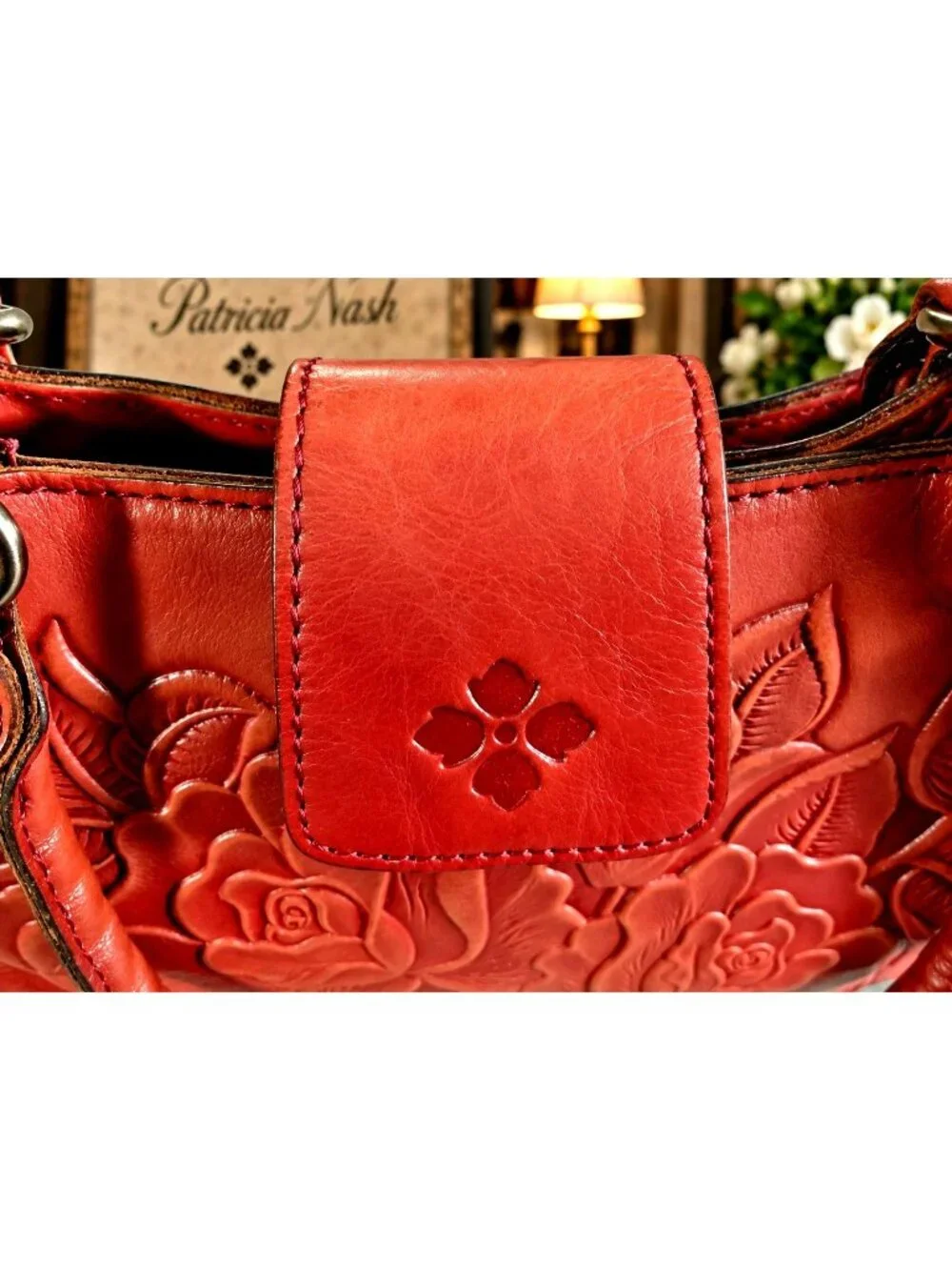 Patricia Nash Rienzo Satchel Rose Tooled Red Ochre Leather Tassel Handbag Purse